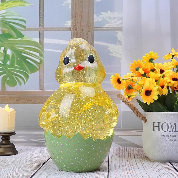 Spring Easter Chick Snow Globe Decor with Swirling Glitter, Easter Egg-Chick Snowglobe with 6H Timer, USB or Battery Operated, Easter Chick Decor for Holiday Spring Home Decor and Gift (Chick)