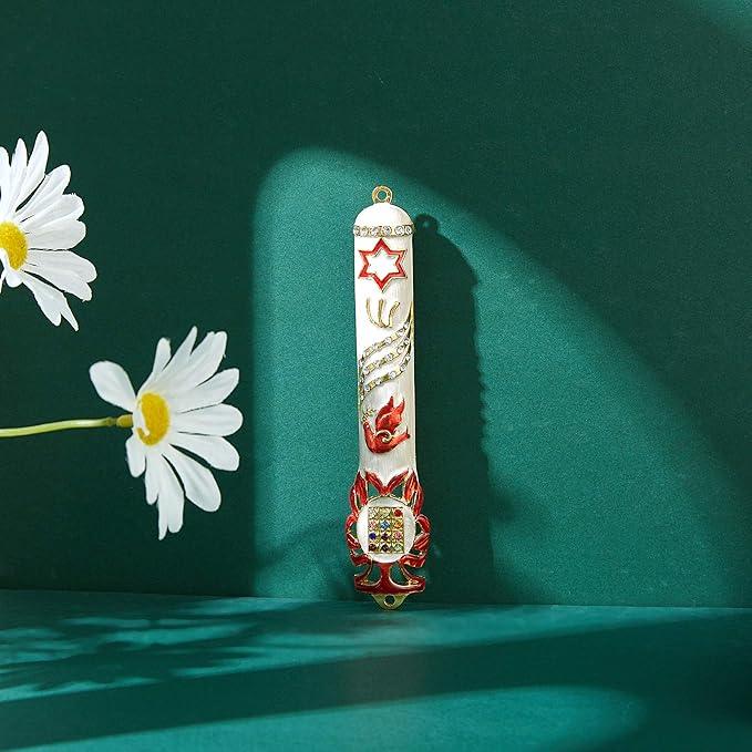 Matashi Hand Painted White Enamel Mezuzah Case Embellished with Star of David, Peace Dove, and Priestly Hoshen Breastplate with Crystals - Jewish Home Door Decor, Housewarming Judaica Gift