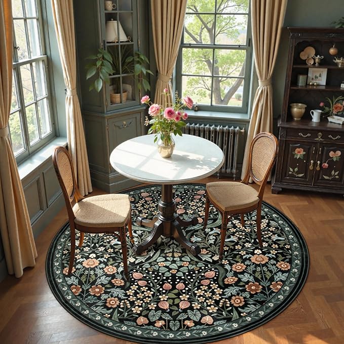 Moynesa Floral Round Area Rugs 6ft, Washable Boho Round Living Room Rug, Non Slip Soft Large Circle Rugs for Dining Room, Botanical Ultra Thin Floor Carpet for Bedroom Kitchen, Black