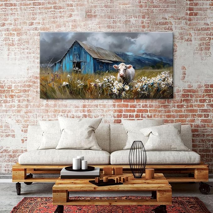 Rustic Farmhouse Wall Art Cow and Blue Barn Canvas Pictures Country Landscape Wall Decor Wildflower Field Painting Farm Animal Artwork for Living Room Dining Room Bedroom Home Decoration 29.53x 57.87"