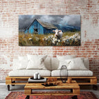 Rustic Farmhouse Wall Art Cow and Blue Barn Canvas Pictures Country Landscape Wall Decor Wildflower Field Painting Farm Animal Artwork for Living Room Dining Room Bedroom Home Decoration 29.53x 57.87"
