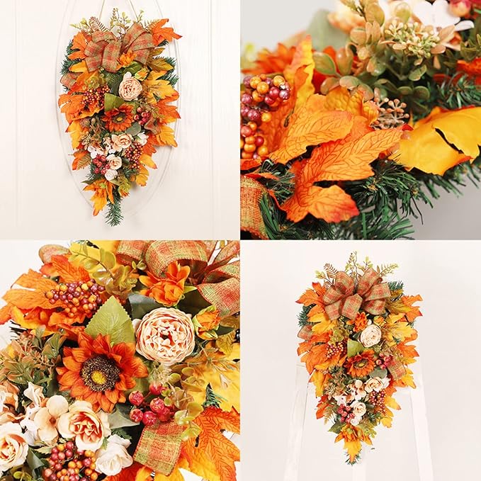 Ochine Fall Harvest Swag for Front Door, Artificial Fall Swag Fall Wreath Artificial Fall Harvest Teardrop Swag Decorative Swags for Thanksgiving Harvest Autumn Fall Decor Halloween Decorations