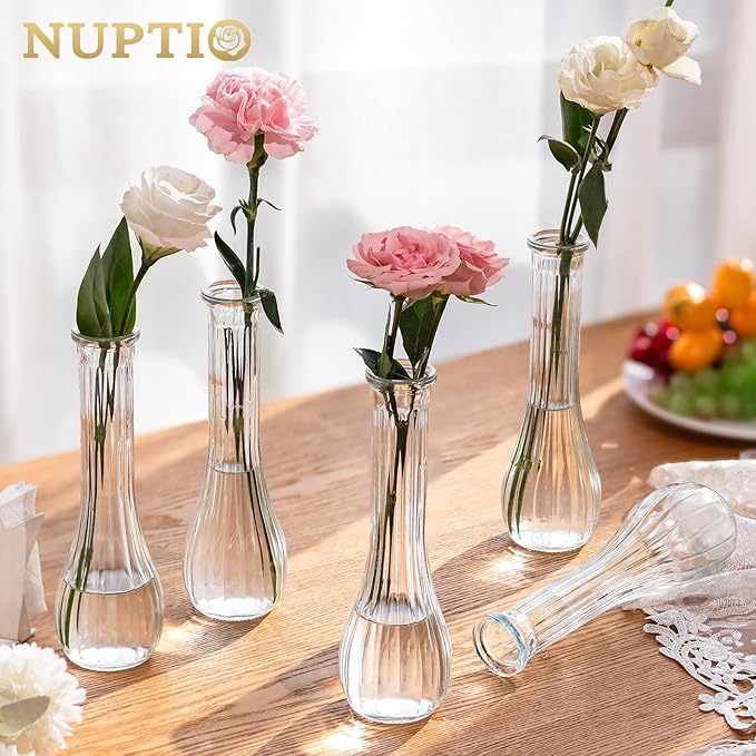 NUPTIO Glass Bud Vases Centerpiece: 3 Pcs Small Flower Vase for Wedding in Bulk - Cute Clear Ribbed Vase for Party Events Home Table Decor