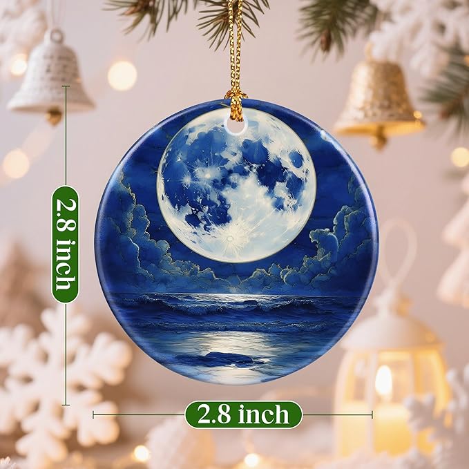 Christmas Ornaments, 2.8 Inch Ceramic Hanging Ornament, Christmas Tree Ornaments, Xmas Decorations, Holiday Decorations, Holiday Party Gifts, and Xmas Gift Ideas - Full Moon Over Ocean