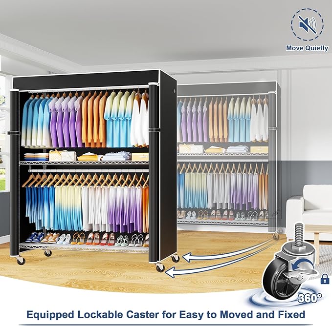 P8C Max Heavy Duty Clothes Rack（With Extended Width Design） Rolling Clothing Racks for Hanging Clothes with Lockable Wheels，51.2"W x 15.8"D x 80.5"H，Load 700LBS，White Rack with Black Cover