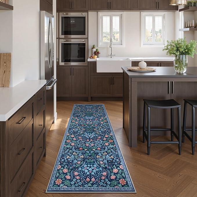 Moynesa Floral Kitchen Runner Rug 2x6, Washable Boho Runners for Hallways Non Slip Soft Bathroom Carpet Runner, Botanical Ultra Thin Throw Mat for Laundry Room Entryway, Blue