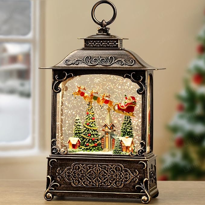Christmas Snow Globes Church Snow Globe Lantern, Lighted Christmas Decorations Indoor for Home with Music Timer Glitter, Santa Claus Reindeer, Home Decor, USB & Battery Operated 10.4 inch