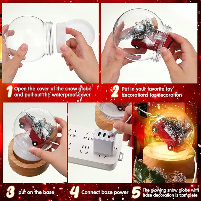 Irenare 12 Pcs 3.9 Inch DIY Snow Globe Kit, 6 Make Your Own Snow Globe Craft with 6 LED Light Wooden Base Clear Plastic Dome for Winter Decor Keepsake Gift Plant Terrarium Display(Wood Base)