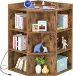 Aheaplus Corner Cabinet, Corner Storage with USB Ports and Outlets, Corners Cube Toy Storage for Small Space, Wooden Corners Bookshelf with 9 Cubes for Playroom, Bedroom, Living Room, Rustic Brown