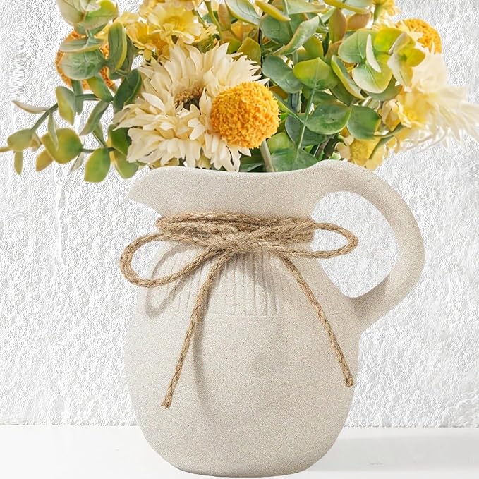 Ceramic Jug Vase, Small Farmhouse Pitcher Vase for Home Decor, Rustic Decorative Pottery Flower Vases with Handle, Centerpiece for Kitchen/Living Room/Bedroom/Office/Bookshelf/Mantel, Height 5.6"