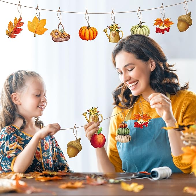 Haooryx 31Pcs Fall Autumn Wood Hanging Ornaments Autumn Wooden Pumpkin Maple Leaves Decorative Pendents for Thanksgiving Day Fall Harvest Party Favor Gift Tag Holiday Home Tree Decorations Supplies