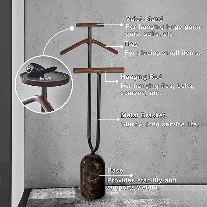 Suit Valet Stand with Tray Freestanding Suits Clothes Rack for Bedroom Entryway Living Room