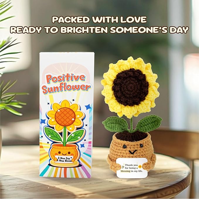 Emotional Support Crochet Sunflower Doll – Handmade Appreciation for Women, Teachers, Friends, Moms, Coworkers – Positive Affirmation Flower Pot with “You are a Blessing