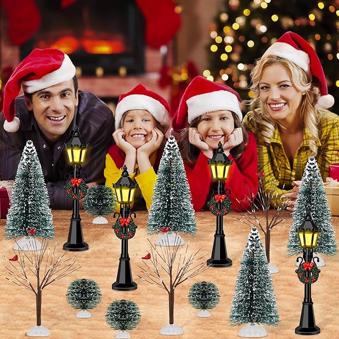 32 PCS Christmas Figurine Village Accessories, Mini Street Light Models with Brush Trees, Miniature Christmas Pathway Street Lamps Lantern Post for DIY Micro Landscape Fairy Garden
