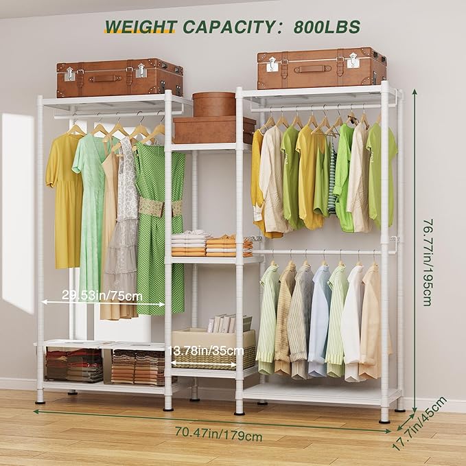 LEHOM G6 Wire Garment Rack Heavy Duty Clothes Rack Compact Large Size Armoire Storage Rack Freestanding Metal Clothing Rack Closet Wardrobe with 3 Hanger Rod and 4 Large Shelves 4 Small Shelves, White