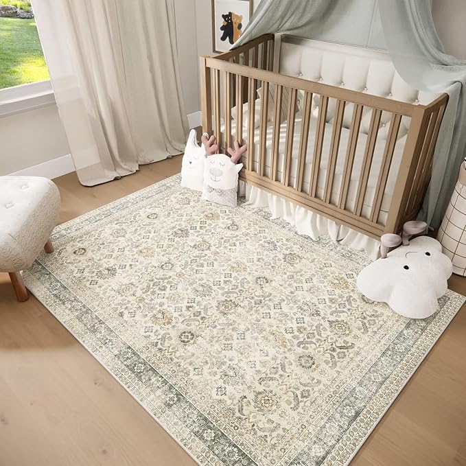 Washable 5x7 Area Rugs for Living Room, BoHo Non-slip Vintage Distress Rugs for Bedroom Dining Room Nursery Office, 0.3" Neutral Oriental Throw Thin Carpet with Cushioning Pad, Grey/Beige/Orange/Multi