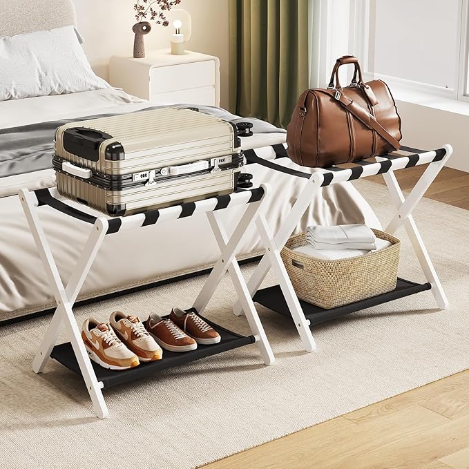 Fully Assembled 2 Pack Luggage Rack with Fabric Storage Shelf, 26.77" Bamboo Folding Luggage Rack for Guest Room, Luggage Stand Holder, Thickened Suitcase Stand Holds up to 165 Lbs, White
