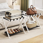 Fully Assembled 2 Pack Luggage Rack with Fabric Storage Shelf, 26.77" Bamboo Folding Luggage Rack for Guest Room, Luggage Stand Holder, Thickened Suitcase Stand Holds up to 165 Lbs, White