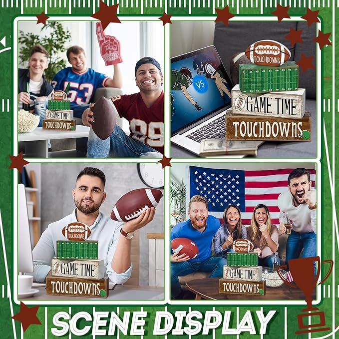 Yuntau 4 Pcs Fall Football Table Decorations Football Tiered Tray Decor Autumn Wooden Blocks Sign Game Time Touchdowns Centerpiece Decorative Faux Book Stack for Coffee Table Fireplace Mantel Shelf