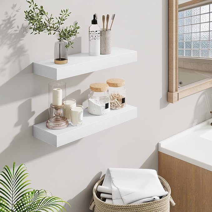 Fun Memories Floating Shelves Bathroom for Wall Mounted Shelves, 20 Inch Wood Shelf Set of 2, Home Storage & Display Decor, White