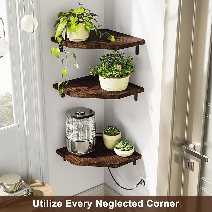 Alsonerbay Corner Shelf Wall Mount, Set of 3 Floating Corner Shelves with Cord Hole, Rustic Wood Shelves for TV, Speaker, Cable Box, Game Console for Bedroom, Kitchen, Living Room Carbonized Black