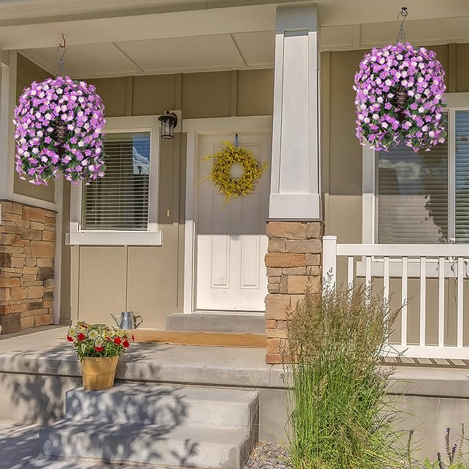 Artificial Faux Fall Hanging Mums Flowers Plants Baskets for Outdoor Outside, Fake Silk Light Fuchsia Daisy Orchid Trailing Vines in Planter Realistic UV Resistant for Balcony Porch Decor