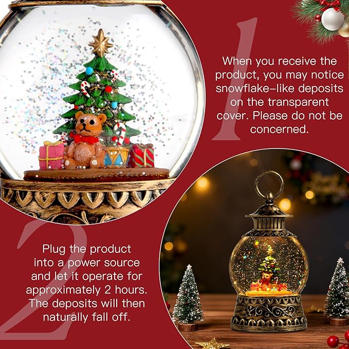 Christmas Snow Globe, Gift Bear Musical Snow Globe Lantern Lights with 6H Timer Battery & USB Powered, Retro Style Holiday Glitter Globe for Xmas Home Decoration Holiday Party Gifts