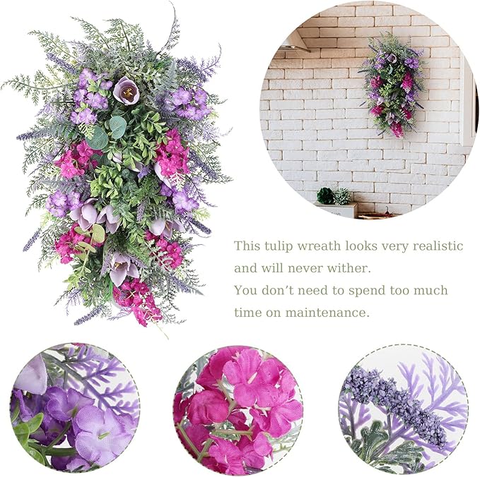 17.7inch Purple Tulip Swag for Front Door, Artificial Tulip Teardrop Swag, Artificial Floral Swag, Spring Summer Wreaths for Front Door Indoor Outdoor Window Decor(#1)