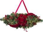 Haute Decor 28 Inch Wide Classic Holiday Window Swag PRE-LIT with Energy-Efficient LED Lights - Battery Operated Timer with Automatic On-Off