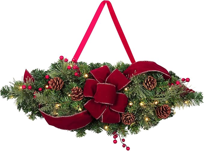 Haute Decor 28 Inch Wide Classic Holiday Window Swag PRE-LIT with Energy-Efficient LED Lights - Battery Operated Timer with Automatic On-Off