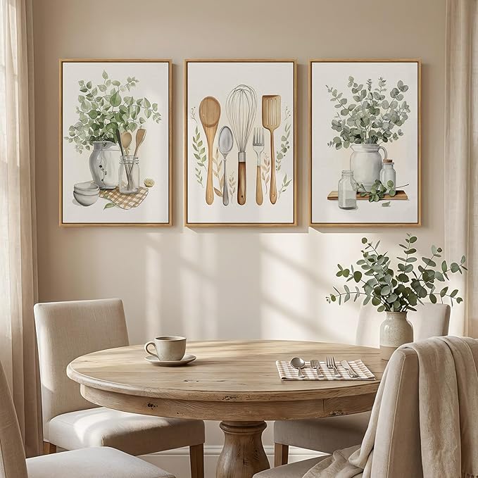 Framed Botanical Wall Art for Kitchen, 3 Piece Modern Farmhouse Sage Green Plant Canvas Painting Prints, Vintage Rustic Farmhouse Utensil Artwork for Kitchen Dining Room Coffee Bar Wall Decor, 16x24
