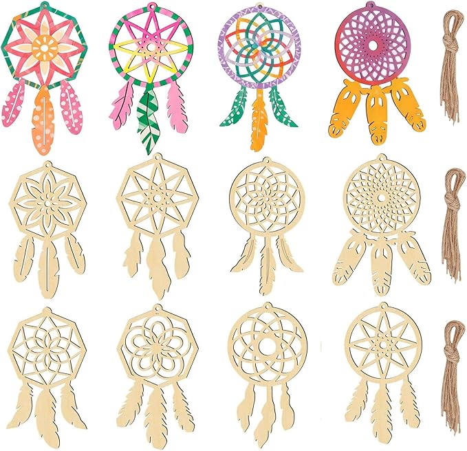 80 Set Wooden Dream Catchers Kits Wood Small Unfinished Dream Catcher Decorative Hanging Ornaments Cutouts to DIY Paint Crafts for Wall Home Tree Decor, 8 Styles