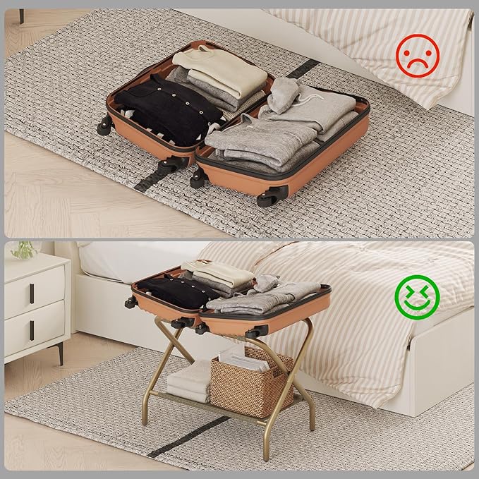 Set of 2 Luggage Rack for Guest Room, Folding Suitcase Stand with Shoe Shelf, Easy Assembly, Portable, Hold up to 110 lb, Gold