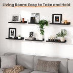 upsimples Floating Shelves for Wall, Wall Shelves for Decor Storage Set of 6, Wall Mounted Wood Shelf for Bedroom, Living Room, Bathroom, Kitchen, Picture Ledge Shelf, Black