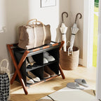 Luggage Rack for Guest Room, Folding Suitcase Stand with Fabric Storage Shelf, Upgraded Bamboo Luggage Holder, Steel Foldable Luggage Stand for Guest Room, Bedroom, Hotel, Walnut
