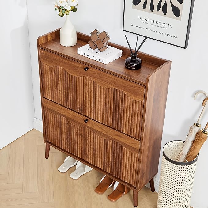 BERRYMERRY 31.5” Fluted Shoe Storage Cabinet with 2 Flip Drawers,Freestanding Narrow Shoe Organizer Cabinet with Wave Profile for Entryway,Hallway,Living Room