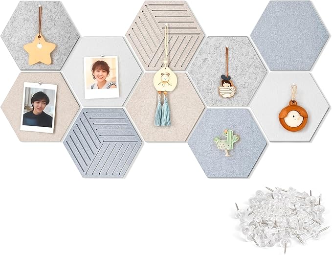 10PCS Hexagon Cork Board Tiles Alternative - 12x10 Inch Frameless Felt Bulletin Board for Wall, Adhesive Cork Board Tiles for Office & Home Decor, Sound Absorbing Pin Boards for Walls & Photos