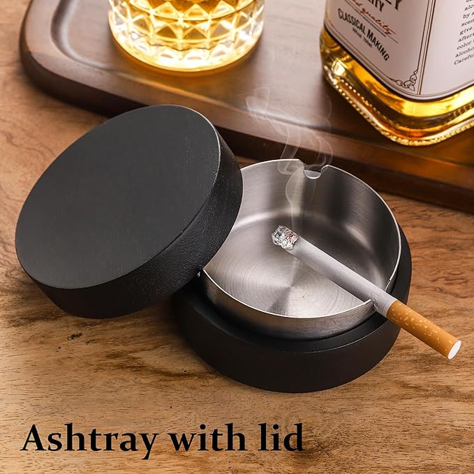 Cute Ashtrays for Cigarettes Ash Tray with Lid DDAJJAJ Wooden Ashtray with Stainless Steel Portable Decorative Ashtray Windproof Ashtray for Home,Patio,Office,Outdoors,Indoor,Parties (Black)