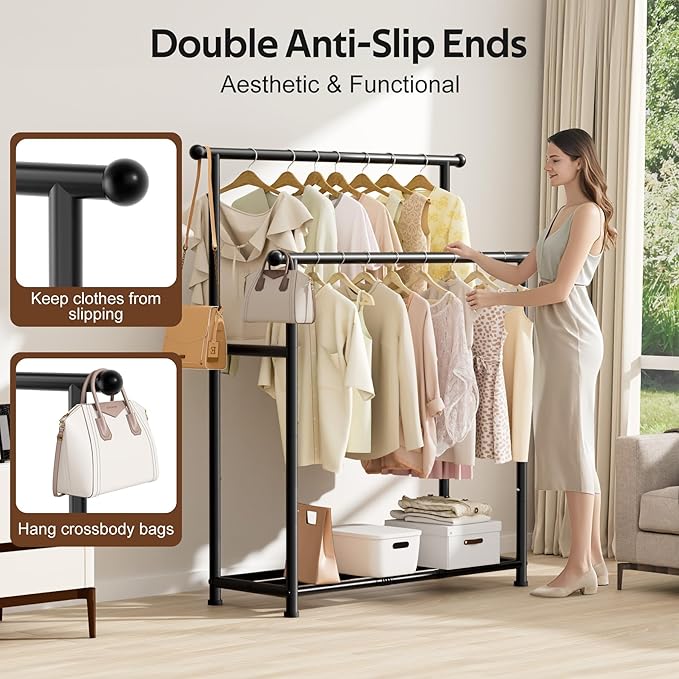 MISSLO Double Rods Garment Rack Heavy Duty Clothing Rack for Hanging Clothes Portable Clothes Organizer for Bedroom, Living Room, Clothing Store (Matte Black)