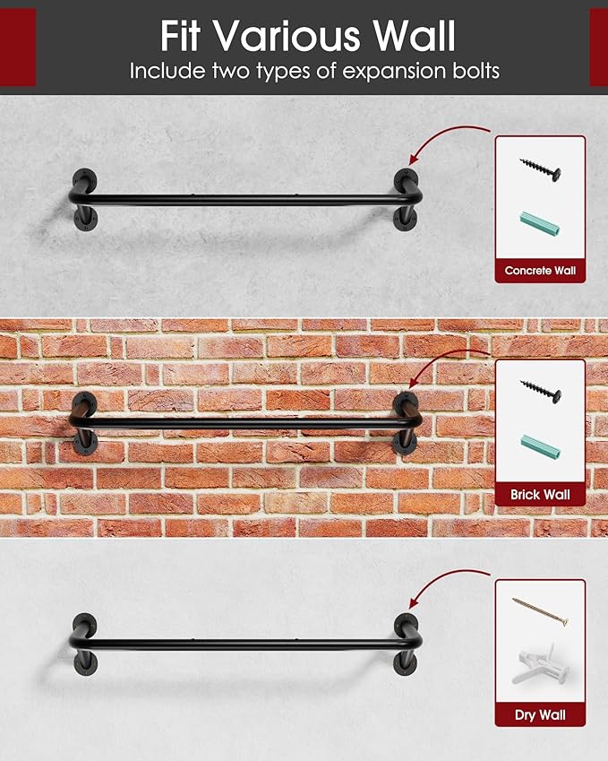 Pipe Clothing Rack - 37.5" Clothing Racks for Hanging Clothes with Dual Flange Base, Multifunctional Wall Mounted Clothes Rack for Bedroom, Entryway, Balcony, Black, 2-Pack