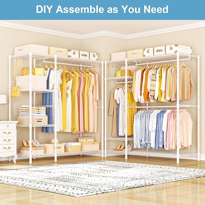 Ulif F7 Garment Rack, Heavy Duty Clothes Rack, Clothing Racks for Hanging Clothes, 6-Tiers Freestanding Portable Closet Storage Rack 58'' W × 14.6'' D × 76.6'' H, Max Load 800 Lbs, White