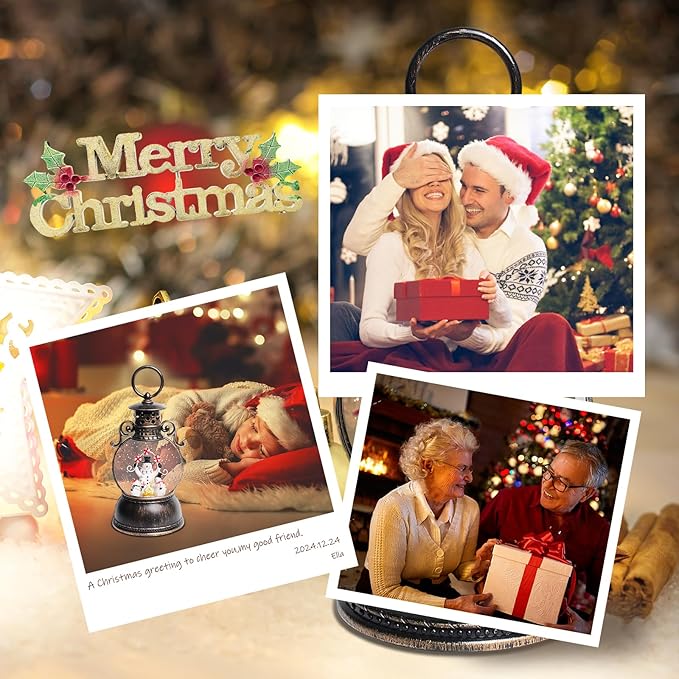Christmas Snow Globes Lantern, 8 Songs, 6H Timer, Battery & USB Powered, Brown Plastic Classic Snow Globe