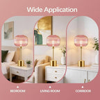 QiMH Glass Table Lamp for Living Room, Modern Bedside Lamp with Pink Ribbed Glass Shade, 3-Way Dimmable Touch Control Nightstand Lamp for Bedroom, Brushed Gold (2700K LED Bulb Included)