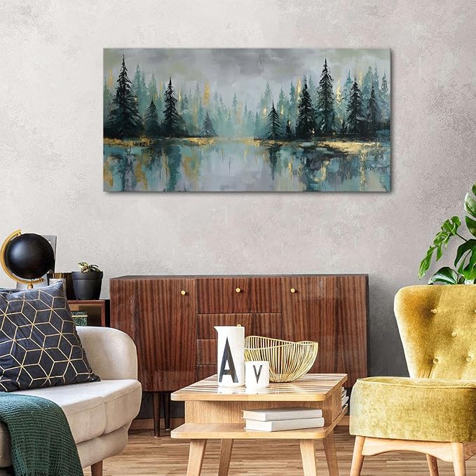 Green Forest Wall Art Vintage Fog Pine Trees Landscape Wall Decor Nature Green and Gold Forest Lake Scenery Canvas Prints Pictures Farmhouse Artwork for Kitchen Living Room Home Decorations 24x48"