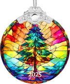 2025 Christmas Ornaments, Christmas Tree Ornaments Acrylic, Faux Stained Glass Effect White Elephant Gifts Exchange, Unique Suncatcher Xmas Stocking Stuffers for Women, Men (Tree)