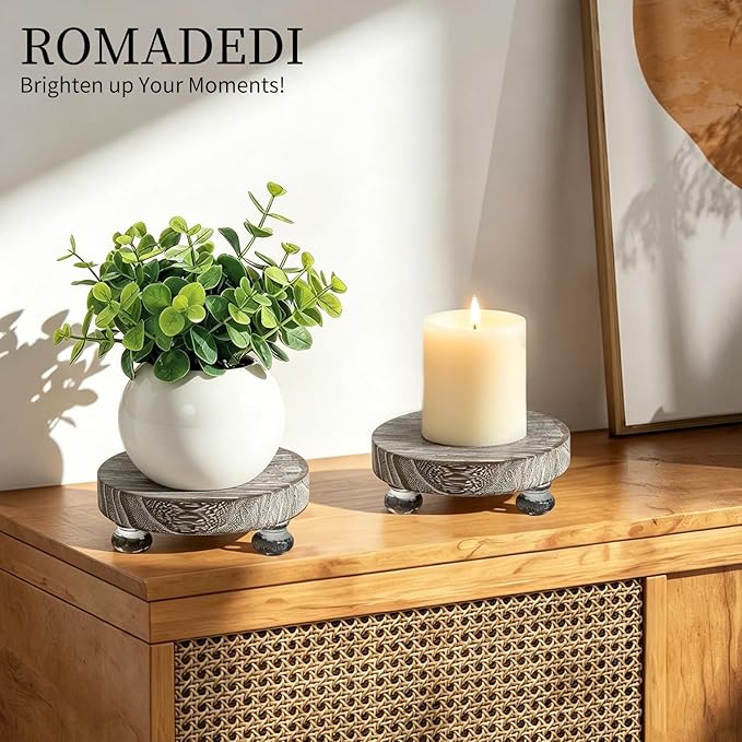 Romadedi Farmhouse Wood Riser for Display - Set of 2 Rustic Decor Mini Wooden Pedestal Stand Decorative Round Tray for Home Table Bathroom Counter Shelf Kitchen, Whitewashed