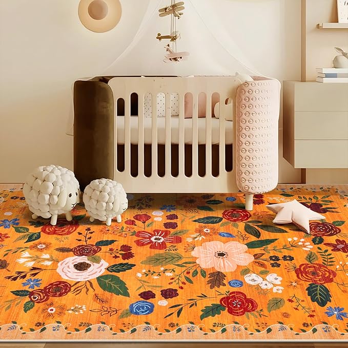 U'Artlines 8x10ft Fall Colorful Floral Area Rug Machine Washable Ultra Soft Low Pile Non Slip Non Shedding Accent Floor Carpet for Living Room, Bedroom, Dining Room, Office (Orange)