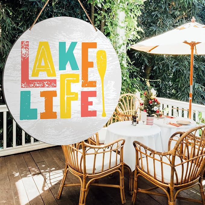 Lake House Wall Decor, Summer Country Lake Round Hanging Sign Decor Lake Life Wall Decorations Farmhouse Wood Sign for Home, Front Door, Porch, Housewarming Gift for Lake House Lake Lover