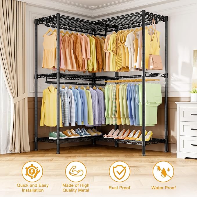 E15 Garment Rack L Shaped Clothes Rack for Corner，Freestanding Clothing Racks for Hanging Clothes，Heavy Duty Closet Organizer with 4 Hanging Rods & 8 S Hooks，43.4" W x 15.8" D x 78.4" H，Black