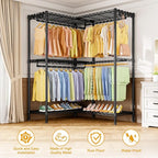 E15 Garment Rack L Shaped Clothes Rack for Corner，Freestanding Clothing Racks for Hanging Clothes，Heavy Duty Closet Organizer with 4 Hanging Rods & 8 S Hooks，43.4" W x 15.8" D x 78.4" H，Black